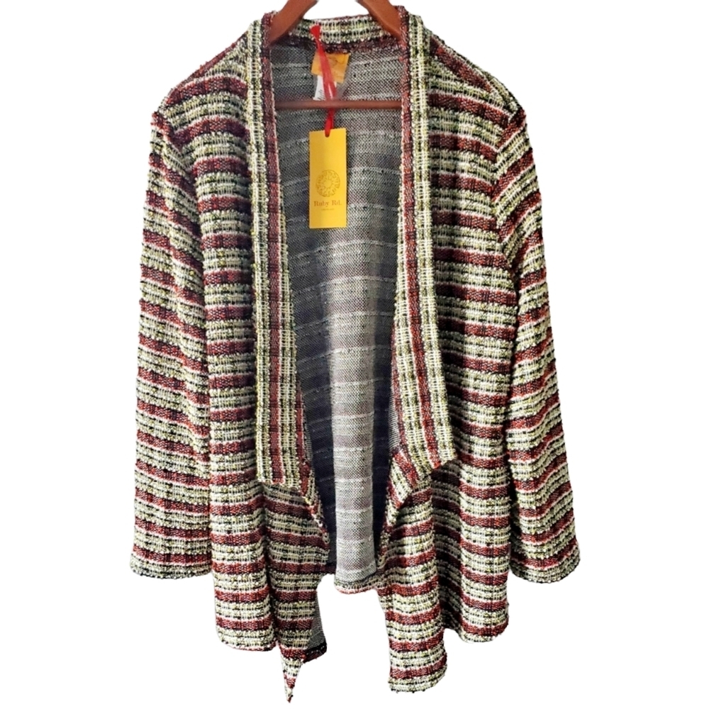 Ruby Rd. Waterfall Front Striped Multi Colored Jacket Size Large New with Tags